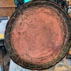 Old copper ottoman turkish antique copper plate / bowl  has a diameter of 14"