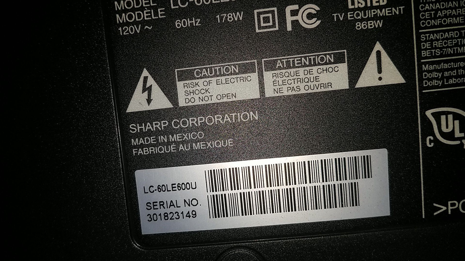 60 in Sharp Aquos LED TV