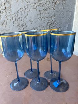 Set of 5 plastic Blue Glass Wine Glasses with Gold Rim Set of 5
