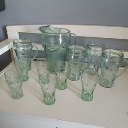 Vintage green glass Coca Cola Set