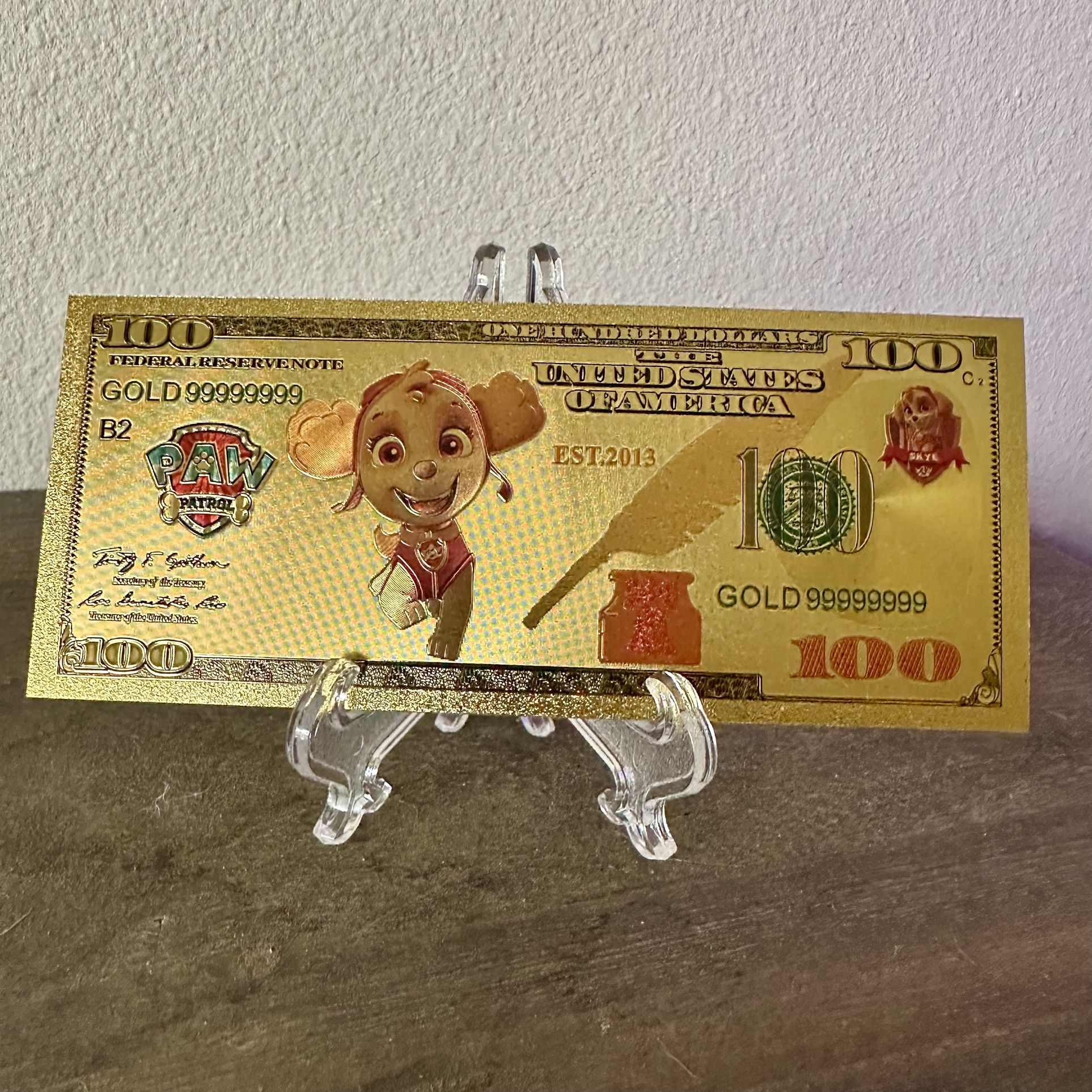 24k Gold Foil Plated Skye Paw Patrol Banknote Cartoon Collectible