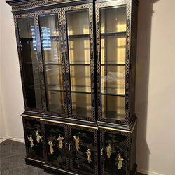 Two Piece Black Lacquer Asian China Cabinet