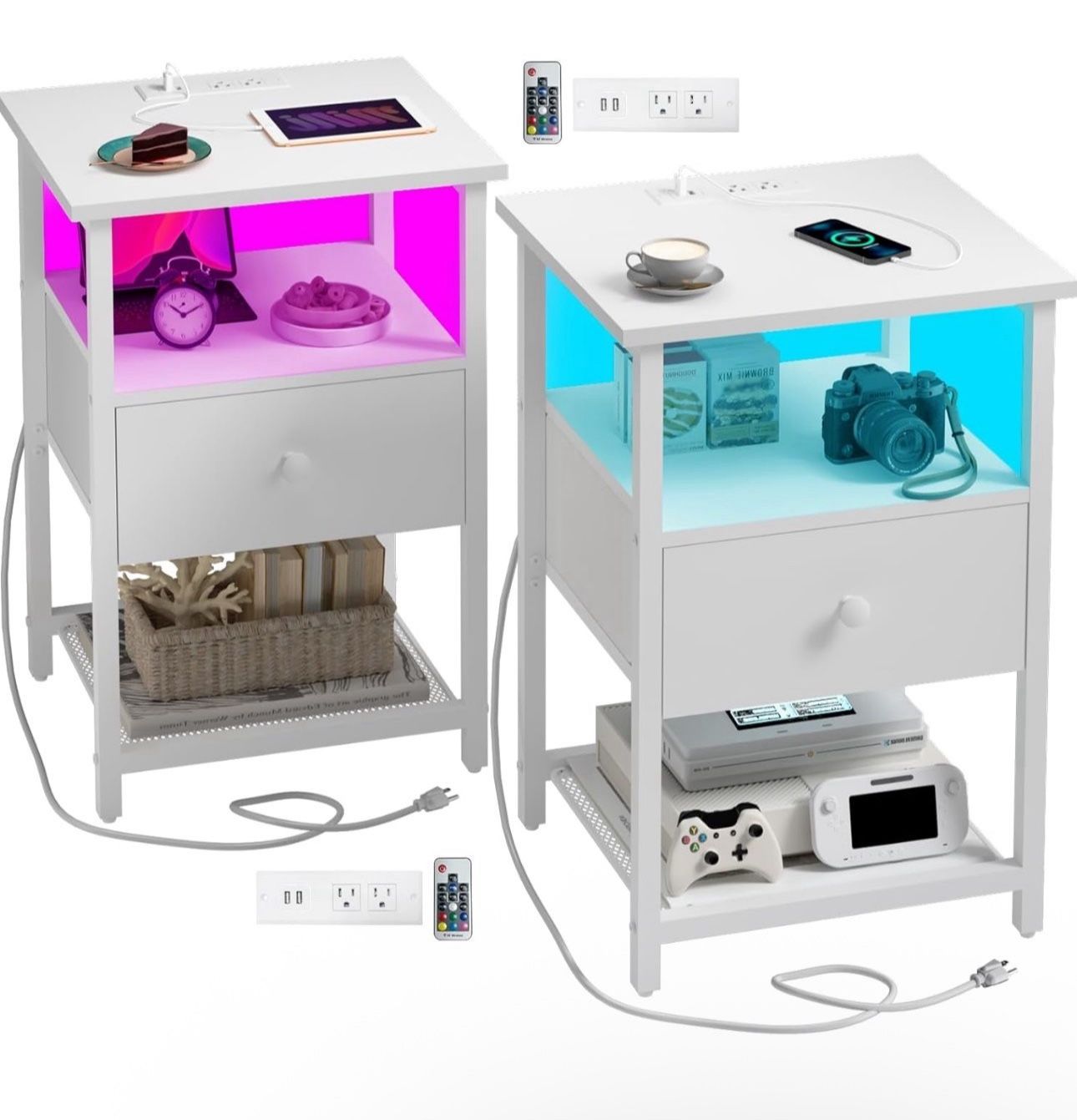 LED Nightstands Set of 2 Bedside Tables Side Table End Table White Fabric-Wood