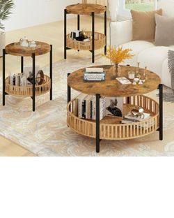 K112 $80  Lamerge 3 Pieces Coffee Table Set for Living Room, Boho Living Room Table Set with Rattan Storage Shelf and Metal Frame, Round Coffee Table 