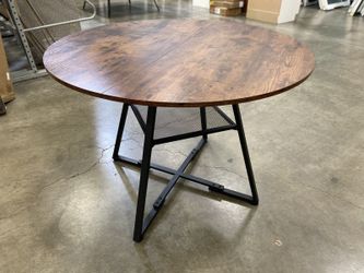 SWEETCRISPY Rustic Brown 42″ Round Dining Table with Metal Base and Storage Shelf