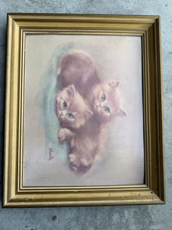 Vintage 1960's Print by “Sherle” Orange Tabby Blue Eyed Kittens Framed 19”x24”