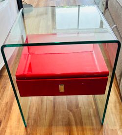 Modern Glass Side Table w/ Red Accent Drawer – Contemporary Designer Style