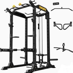 T2 Power Cage Muti-Function Power Rack with LAT Pulldown System Squat Rack with Weights and Bar Set for Home Gym with Unique Training Attachment,Black