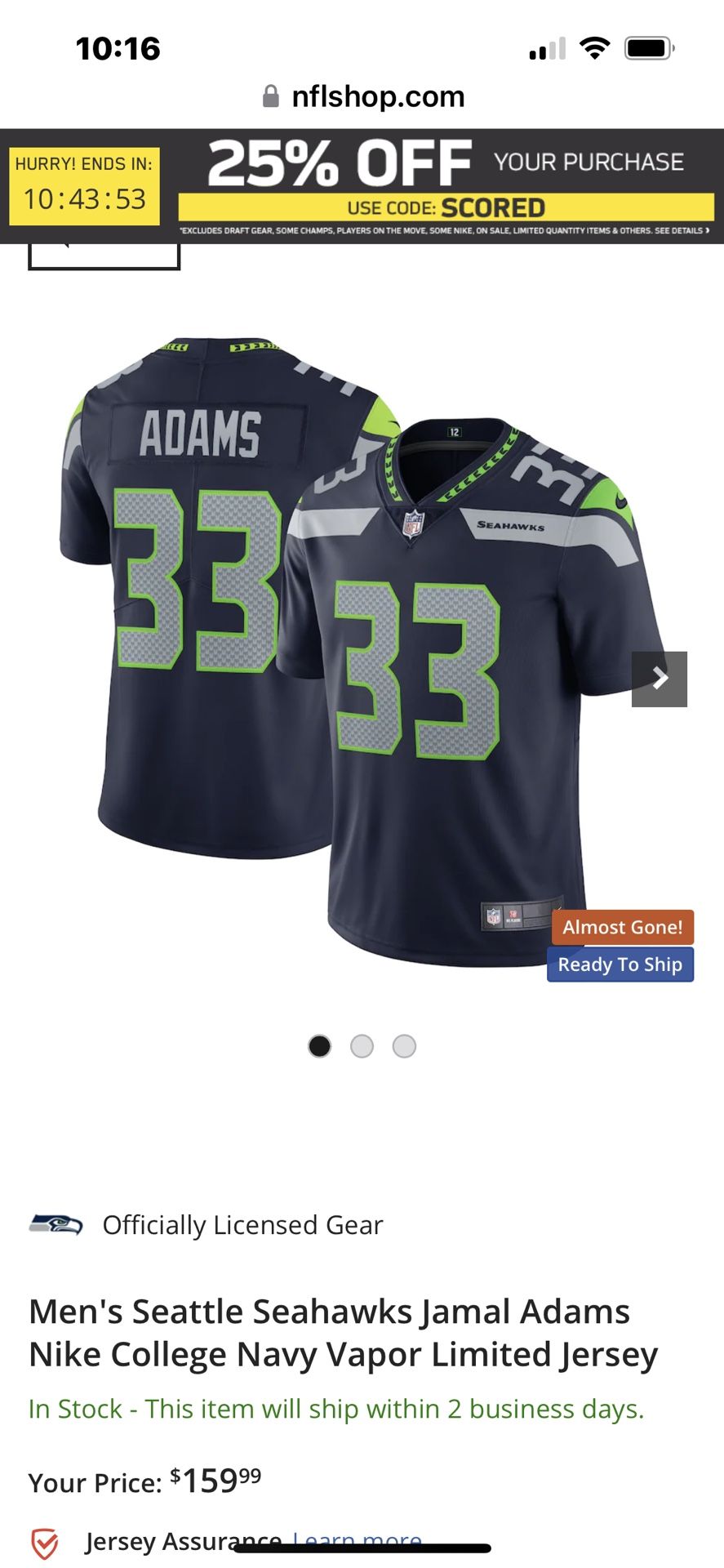 Nike Men's Seattle Seahawks Jamal Adams #33 Navy Game Jersey