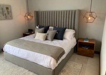 Gray Upholstered Bed Frame with Tall Headboard