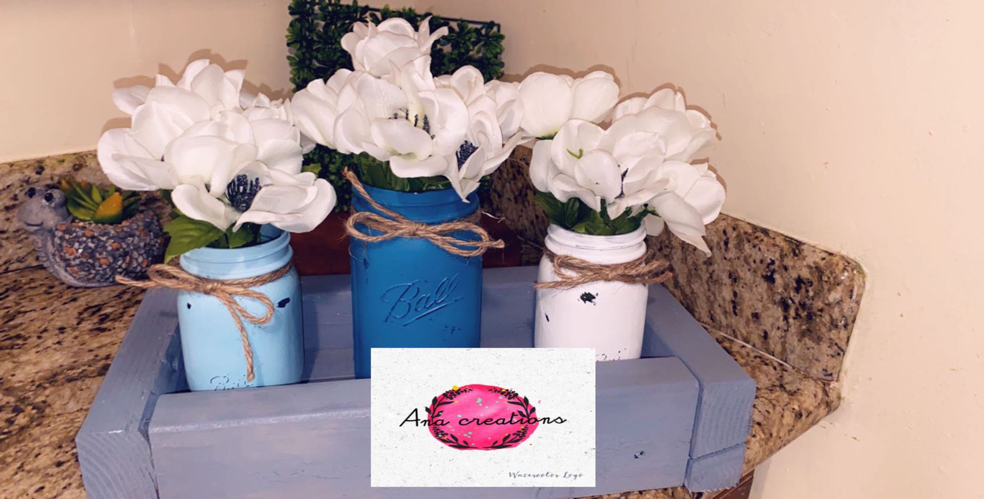 Handcrafted distressed wide-mouth white mason jar vases with/faux greenery or flowers. Made by order 32oz jars
