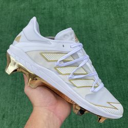 ADIDAS ADIZERO AFTERBURNER 7 “WHITE / METALLIC GOLD” MOLDED BASEBALL CLEATS (Size 11.5, Men’s)