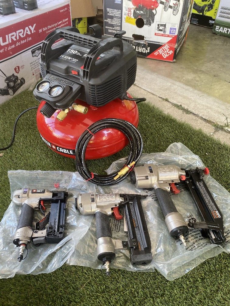 Line New Porter Cable 6gal Ai Compressor With 3 Nail Guns