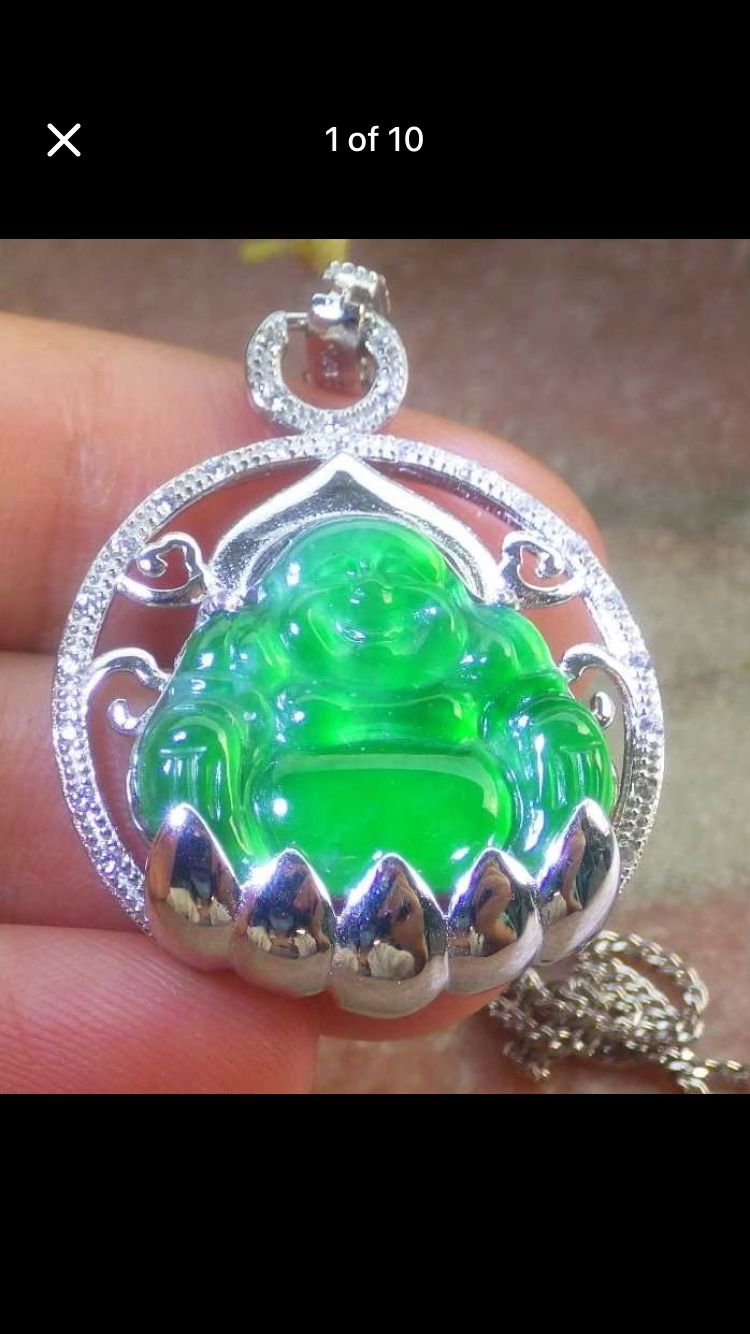 Certificate Jadeite Jade Sterling gold silver 925 Grade A good luck Icy Green Buddha God Pendant 