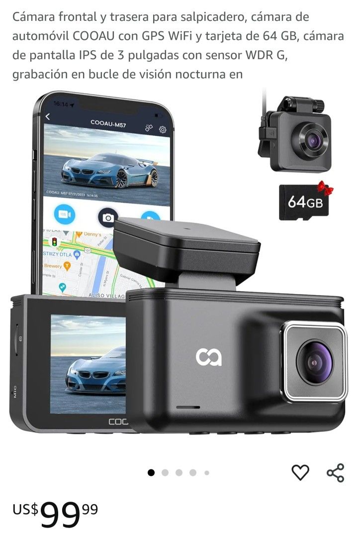 Cámara frontal y trasera para salpicadero, cámara de
automóvil COOAU con GPS WiFi y tarjeta de 64 GB, cámara
de pantalla IPS de 3 pulgadas con sensor