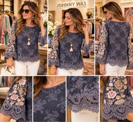 Johnny Was Floral Embroidered Lace Top
