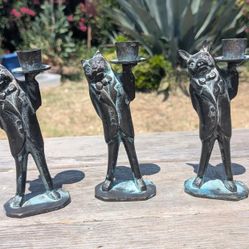 Set of 3 Metal Animal Butler Candle Holders – Rabbit, Cat & Pig with Patina
