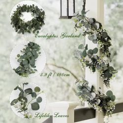 10 Pcs / Artificial Eucalyptus Leaves Greenery Garland Faux Plant Spring Vines with White Flowers Berries for Wedding Home Party 