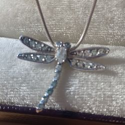 Vintage Sterling Silver Dragonfly Crystal Necklace 