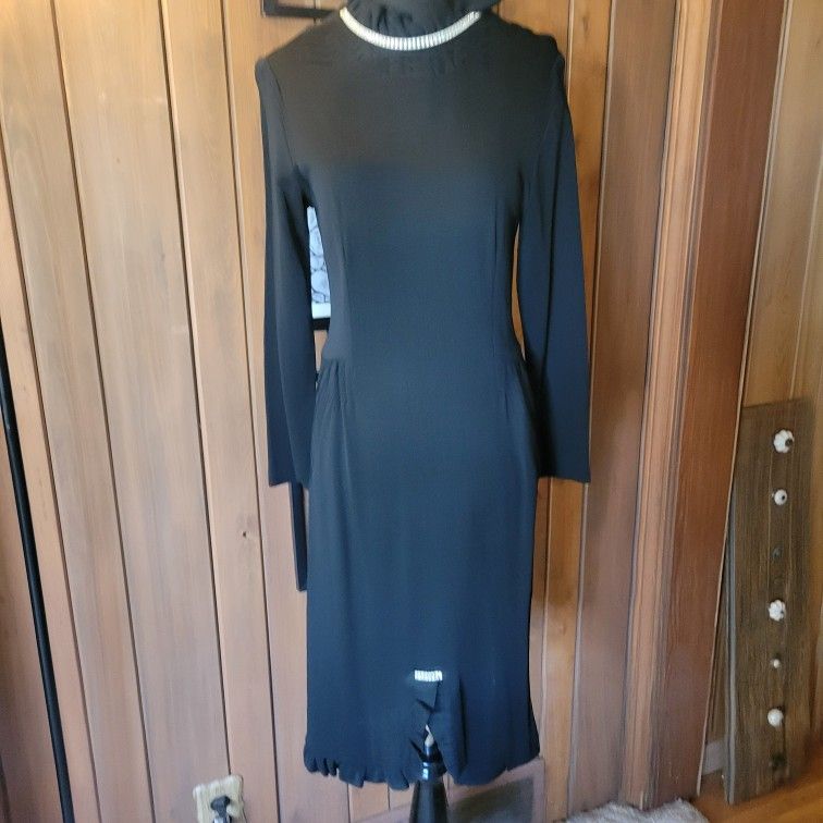Vintage 1970s Women's Polyester Little Black Dress Rhinestone Accents Sz Lg