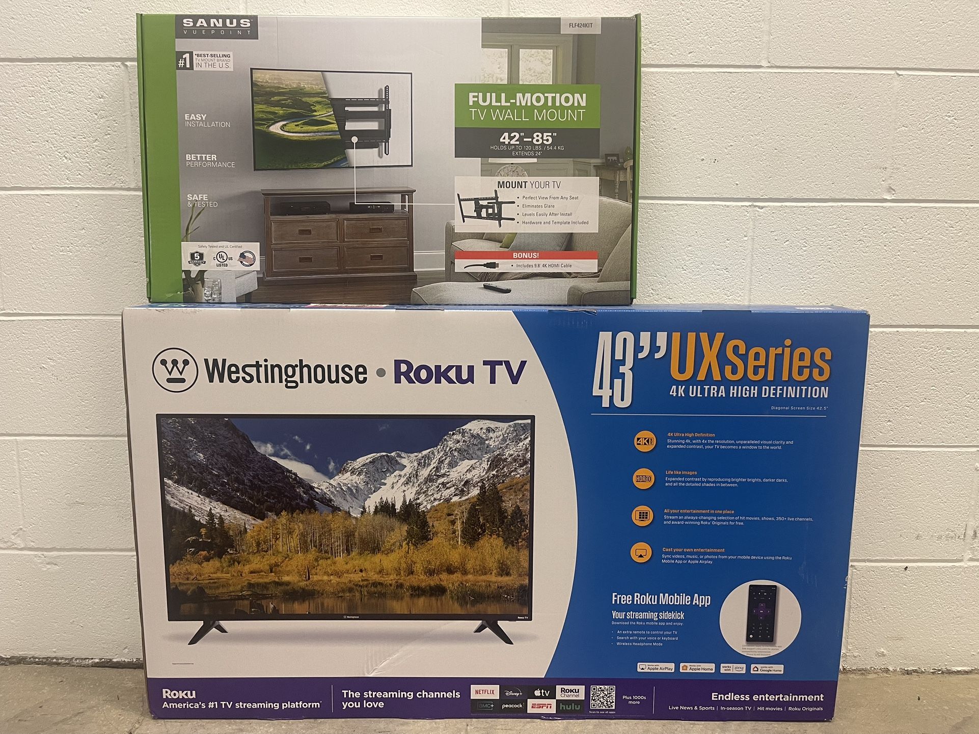 BRAND NEW 43” 4K ROKU SMART TV  + BRAND NEW SANUS FULL MOTION WALL MOUNT