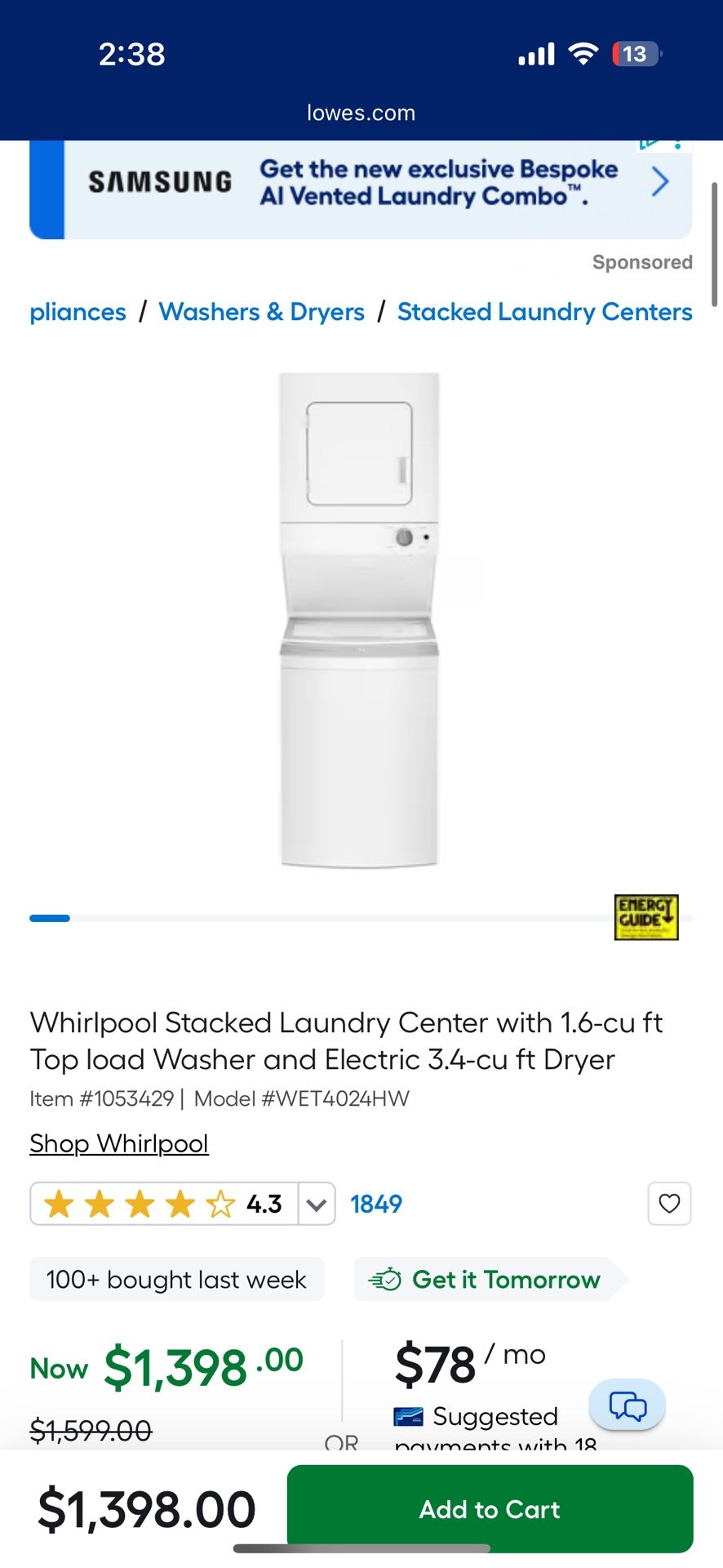 Whirlpool -stackable Washer & Dryer