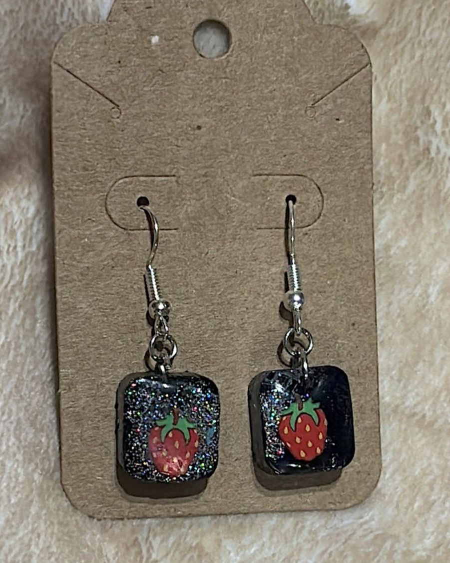 Black Sparkly Strawberry Dangle Earrings