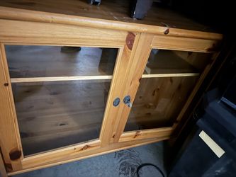 Pine Wood Cabinet with Glass Sliding Doors