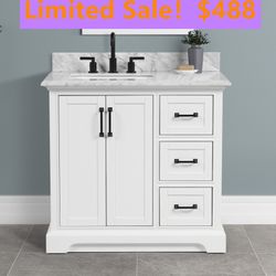 36”white single sink bathroom vanity with carrara white marble stone top