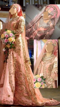 Wedding dress Peach gold embroidery Embellished Indian Pakistani Arab Wedding