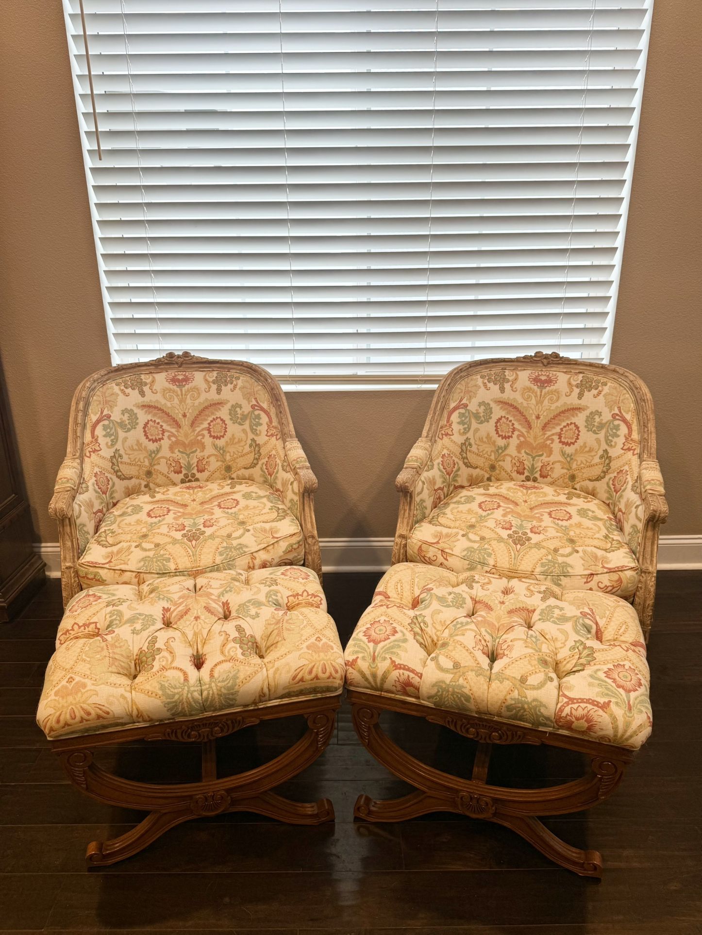Pair Of Custom Vintage Chairs & Ottomans