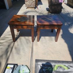 Set of End Tables Solid Wood Rustic Stone Tile Top