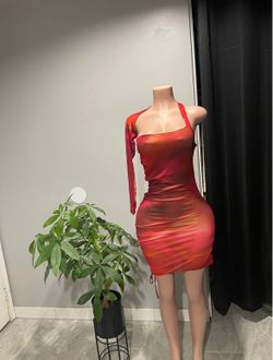 Red Orange Ombre One Shoulder Long Sleeve Bodycon Mini Dress