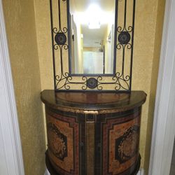20th Century Antique Ebonized & Gilt Decorated Demilune Stand with Roman Greco Floral Reserve