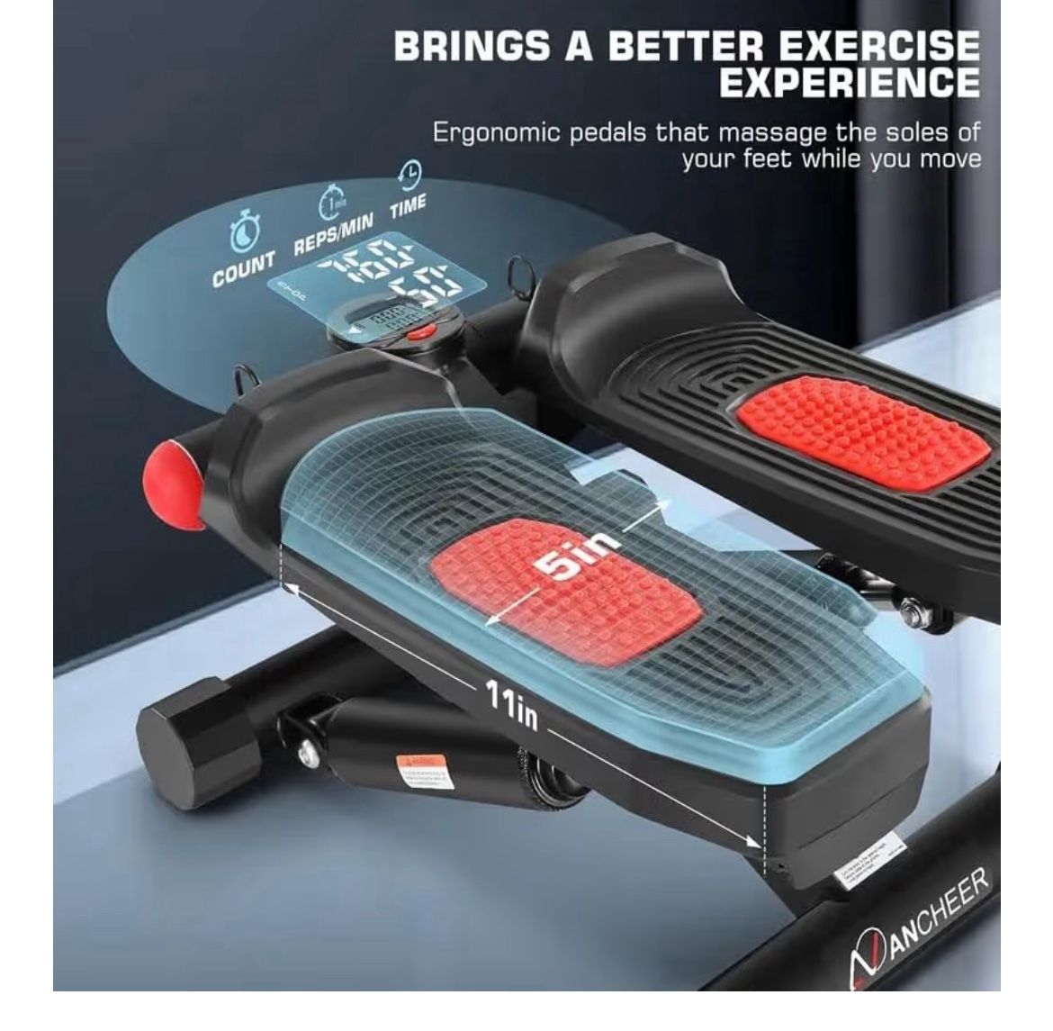 Mini Stepper Exercise Machine with Resistance Bands, LCD Display, Height Adjustable, 11 inch Platform