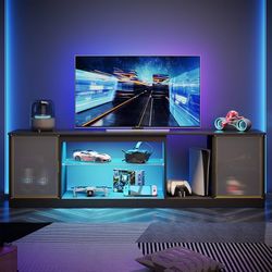 S209-Modern TV Stand for 75/80 inch TV, LED Entertainment Center with Acrylic Doors & Adjustable Glass Shelf, 70” Media TV Console for PS5, Television