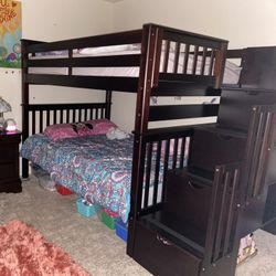 Full Size Dark Wood Bed With Storage Staircase