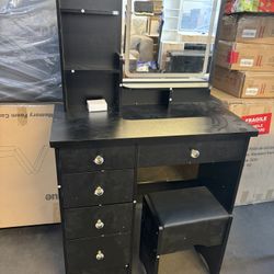 Vanity with Chair, Dressing Table with Lighted Rectangular Mirror, 5 Drawers and Shelves, Makeup Vanity Set with Storage for Bedroom, Crystal Knobs, B