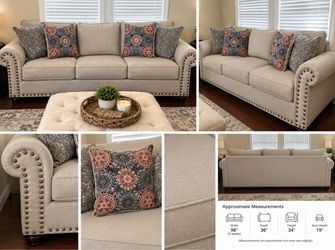 Beige Fabric Sofa with Nailhead Trim