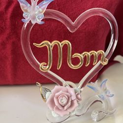 RARE-Glass Baron “MOM” Inside A Heart With Pink Rose On Glass Mirror