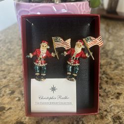 Vintage CHRISTOPHER RADKO Brooch Pin Pendant USA America Santa Claus Gold Tone Green Enamel Clear Rhinestones