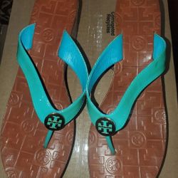 Womans Tory Burch Wedge Sandals Teal Color Size 9.5M