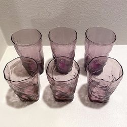 2 Sets Of 3 Vintage MCM Morgantown Amethyst Crinkle Glass Tumblers / Drinking Glasses 4.5” & 5.5”