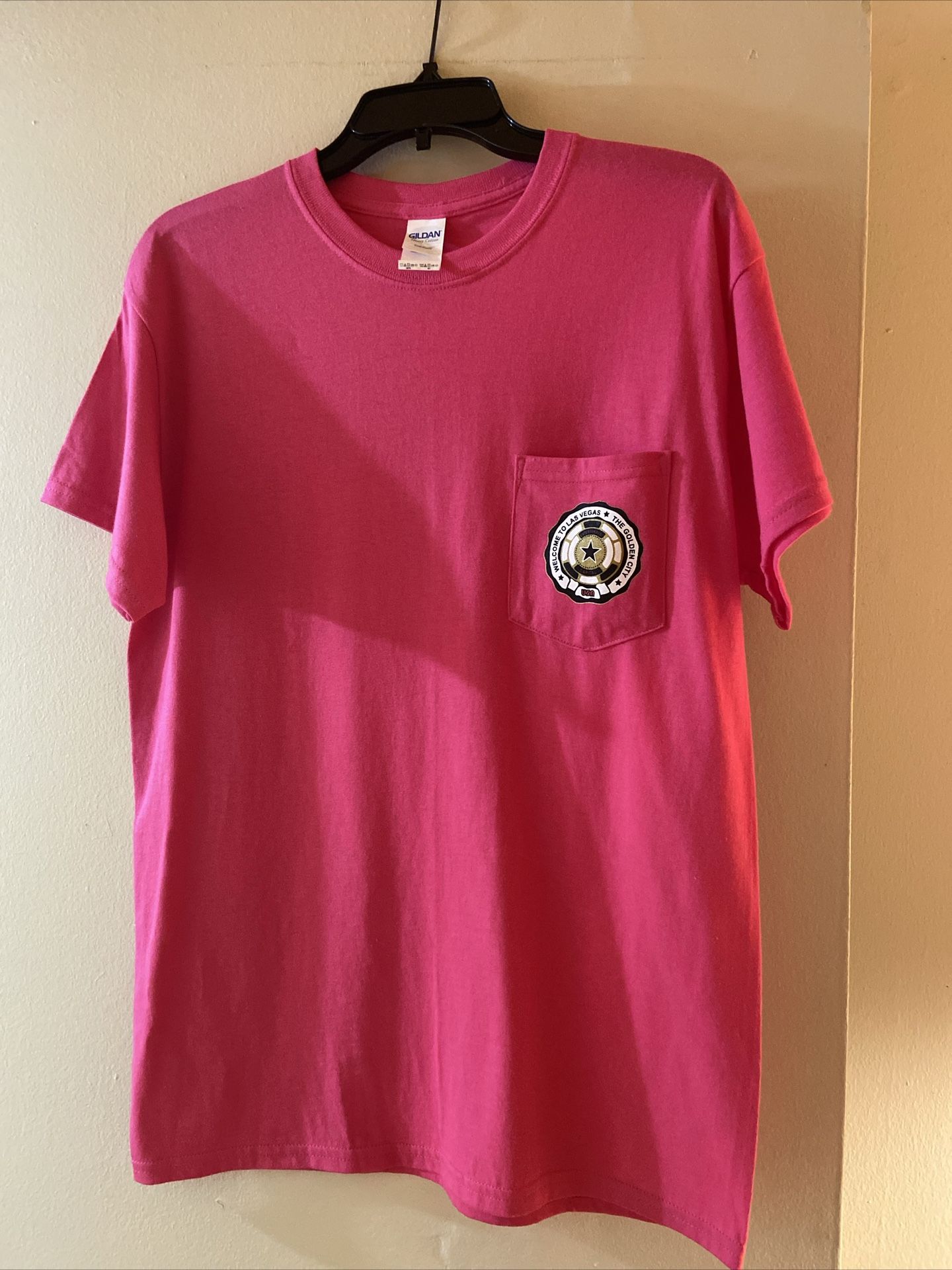 “Welcome To Las Vegas: The Golden City” Pocket T-Shirt (Medium - Pink)