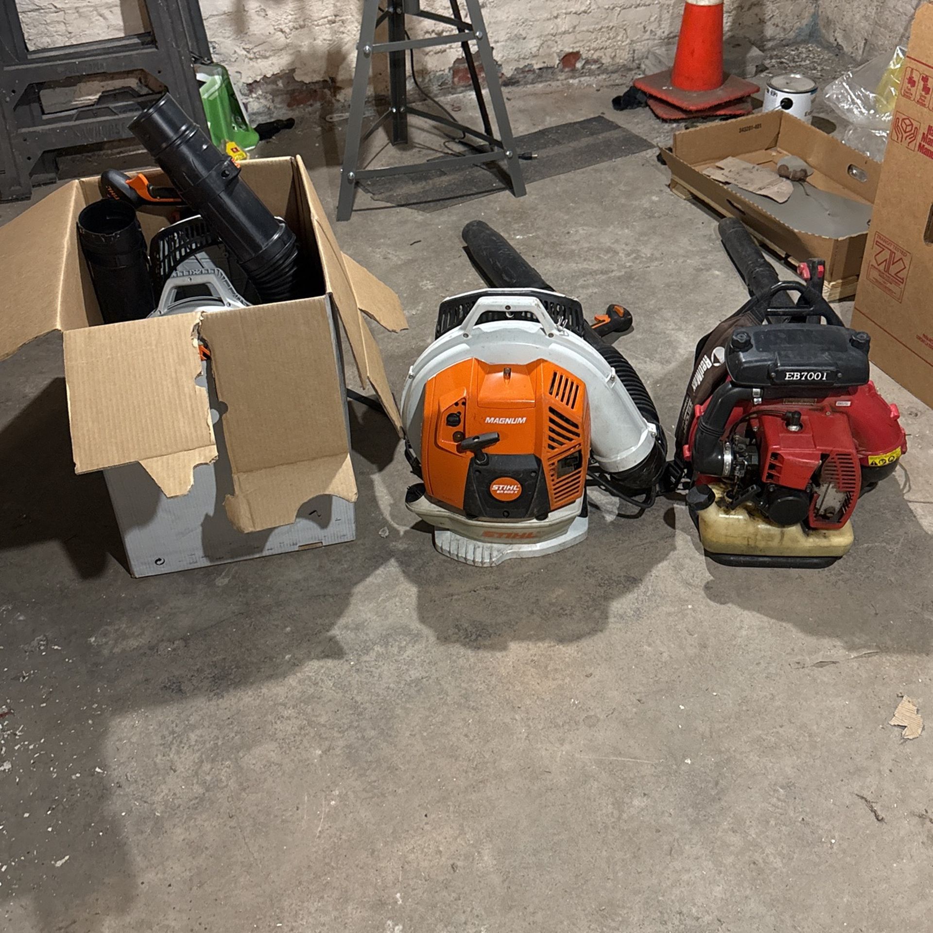 2 Stihl Br800x Magnums And One Red Max Backpack Blowers