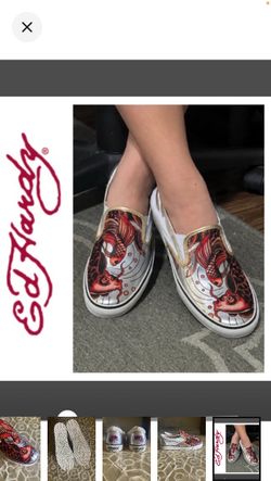 NEW!  RARE Vintage Y2K Ed Hardy Metallic Silver Koi Fish Tattoo Slip On Sneakers