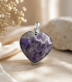 Natural Amethyst Heart Silver 2” Pendant
