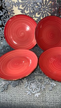 4 Salad Plates Royal Norfolk Orange Swirl Brown Trim Dishwasher & Microwave Safe