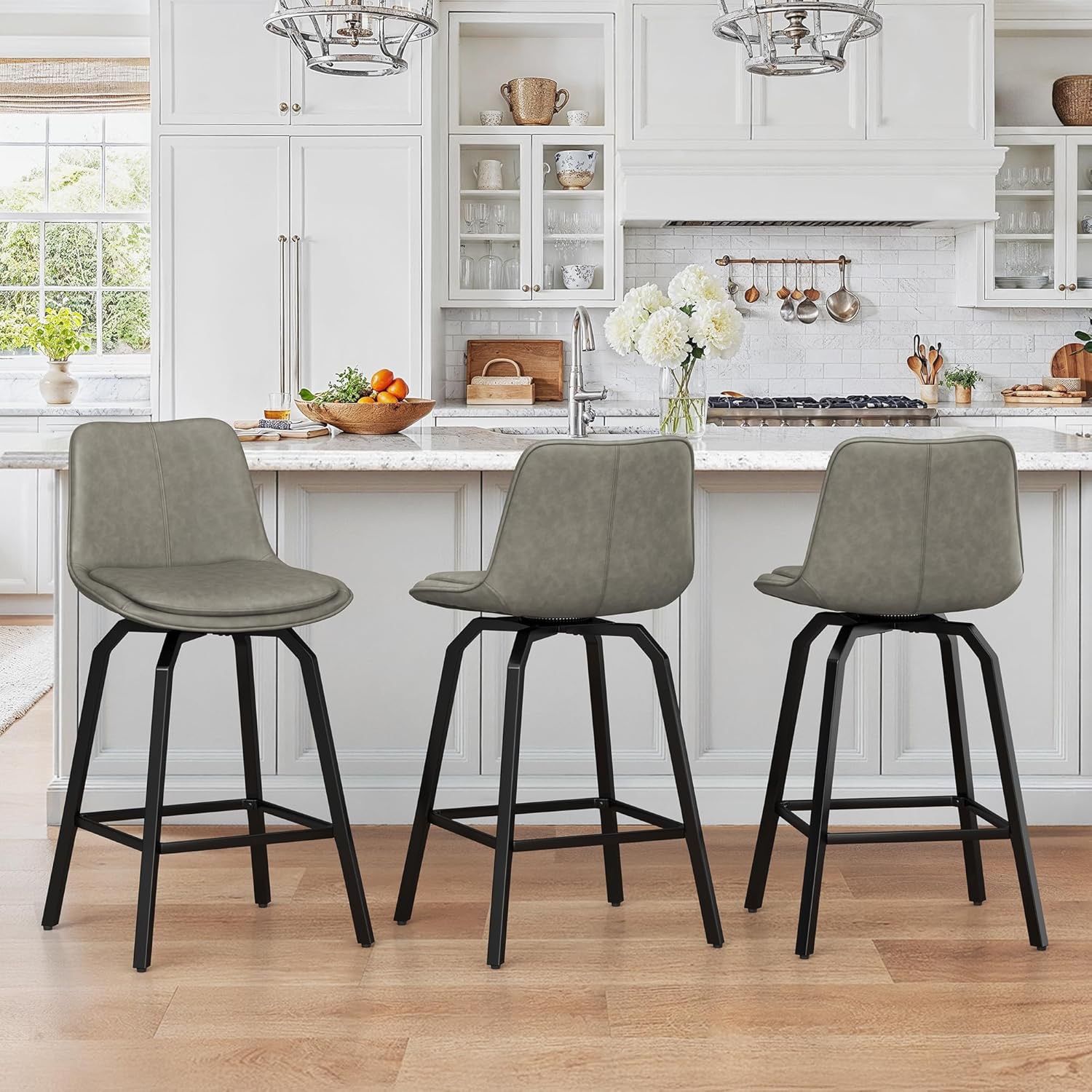 Upgrade Swivel Bar Stools Set of 3, 26 Inch Counter Height Bar Stools, Thickened Faux Leather Barstools with Backs, Dark Beige Gray