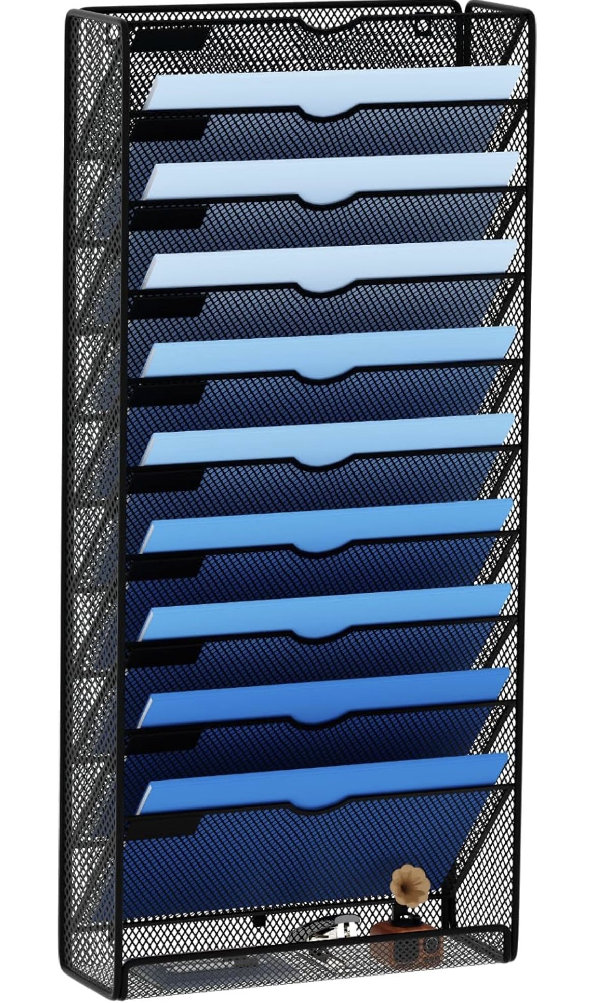 Hanging Wall File Organizer 10 Tier Wall Mounted File Holder. Magazine Organizer for Office & Home, Black
